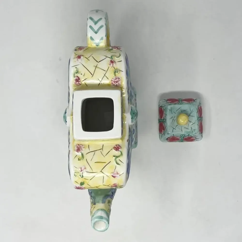 VTG Butterfly‎ Decorative Teapot Yellow Green Blue Hand Painted Ceramic